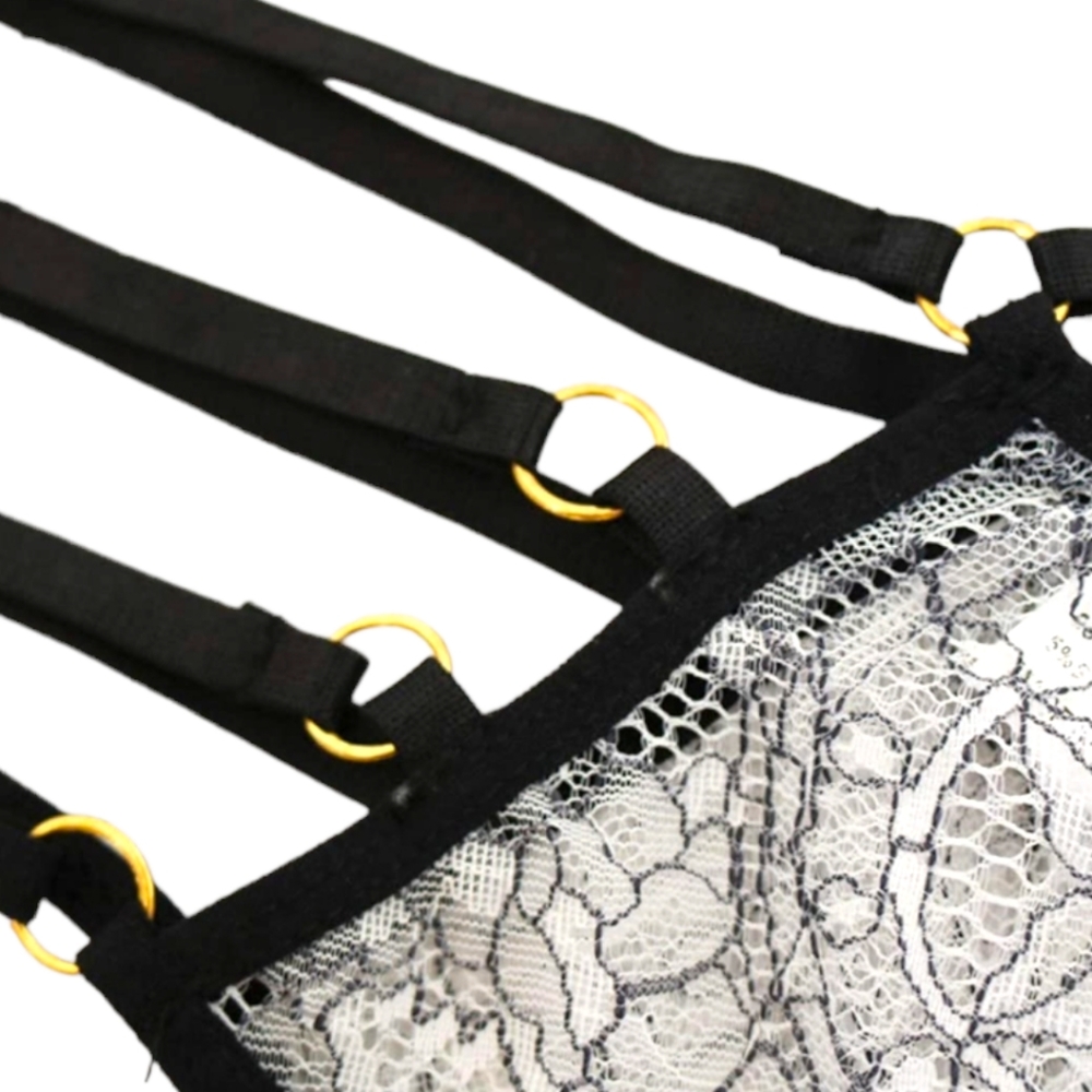 DCLF Eyelash Lace Strappy Choker Halter & High Rise Thong Two Piece Lingerie Set - Picture 4 of 5
